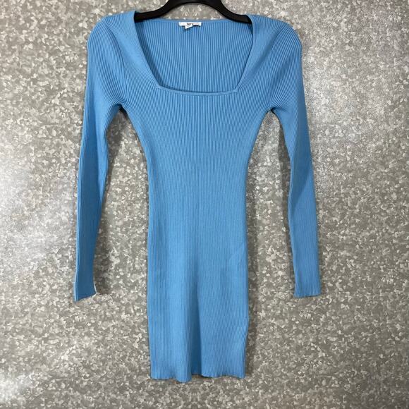 Bar III Women's Blue Ribbed Square Neck Bodycon Dress - Size Small - Long Sleeve - Picture 2 of 7